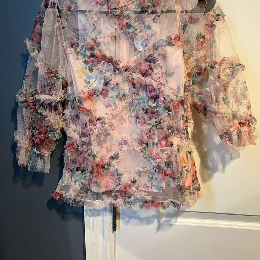 Pastels Cream Ruffled Sheer Blouse with 3/4 Sleeves
